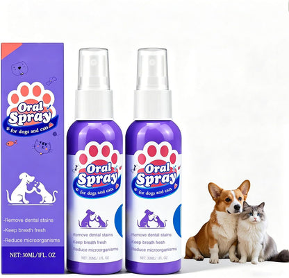 Two purple 30 ml pump spray bottles beside their carton, with a corgi and a cat alongside