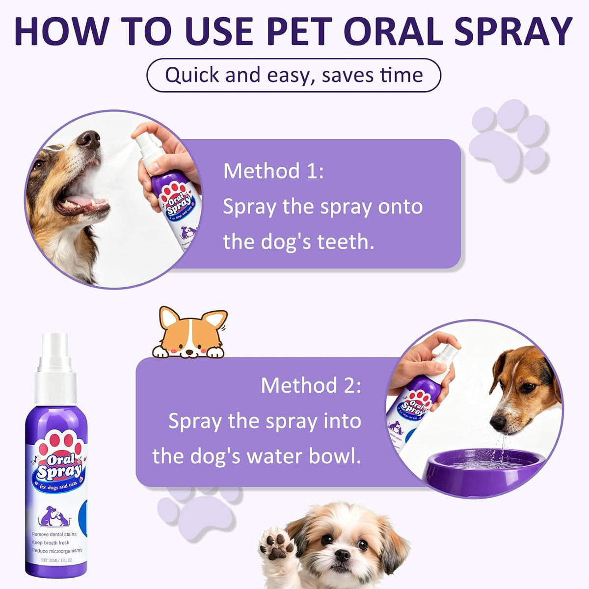 Two ways to use the spray: directly onto the teeth, or added to the water bowl