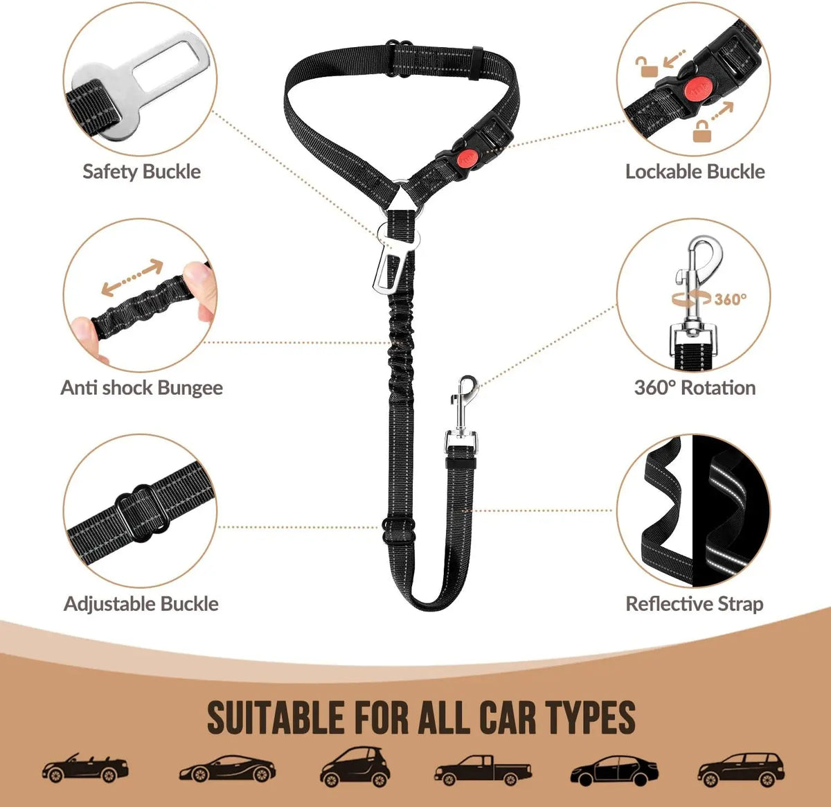 Component diagram: seat belt tongue, lockable buckle, elastic bungee section, swivel hook, adjuster and reflective webbing