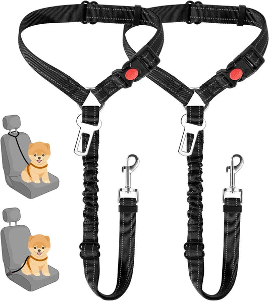 Two black bungee tethers with reflective stitching, metal seat belt tongues and swivel snap hooks