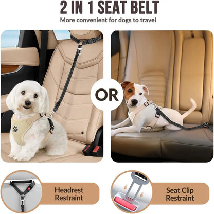 The two ways to fit it: looped over a headrest, or clipped into the seat belt buckle