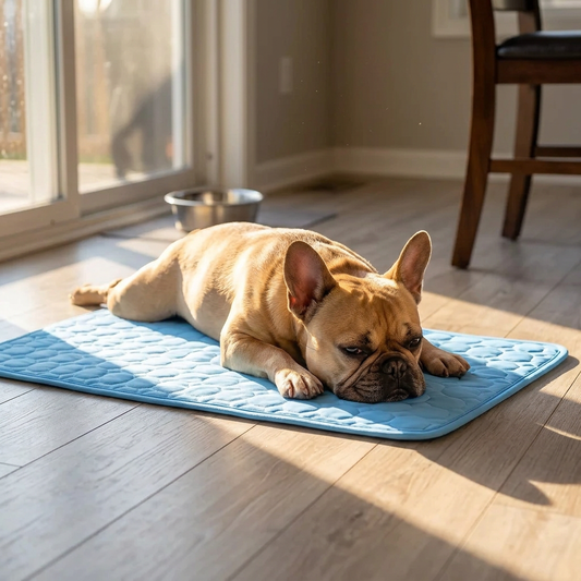 A french bulldog asleep on the blue cooling mat on a sunlit kitchen floor