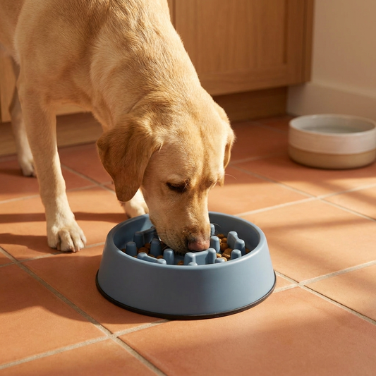 A labrador nosing kibble out from between the moulded ridges of the blue slow feeder bowl on a tiled kitchen floor