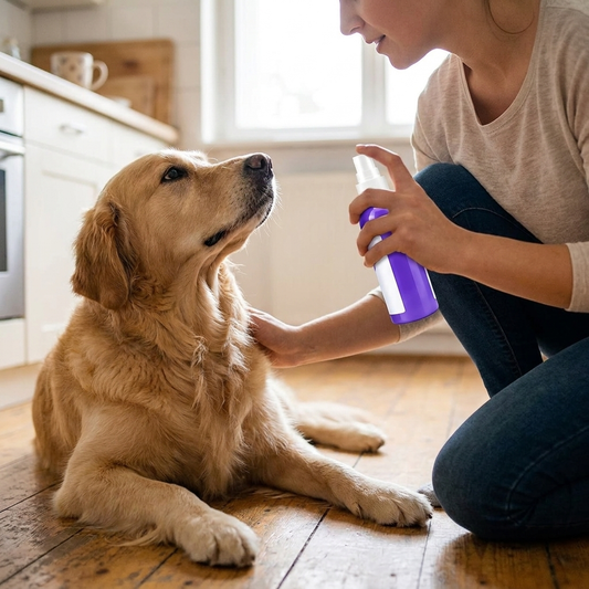 A woman kneeling on a kitchen floor beside a calm golden retriever, holding the purple pump spray bottle