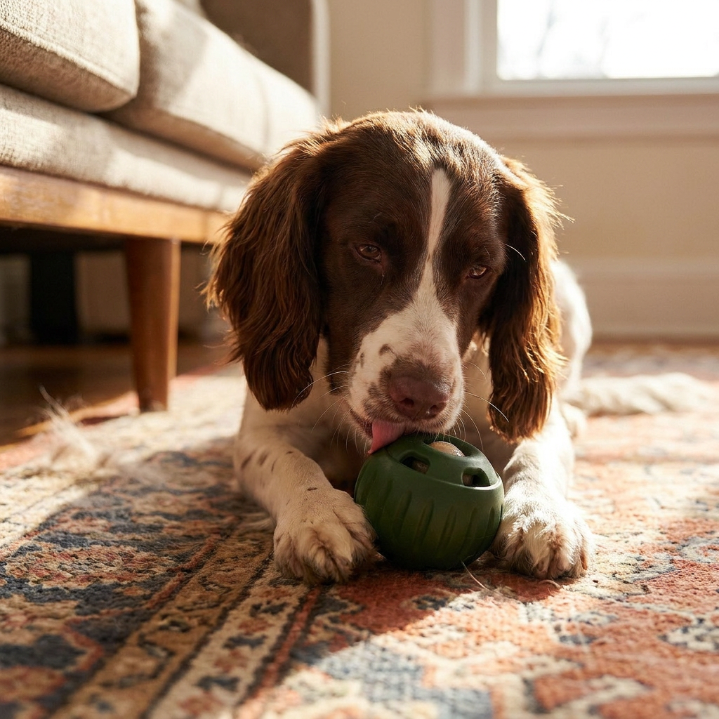 A springer spaniel lying on a rug licking a frozen treat from the green rubber ball