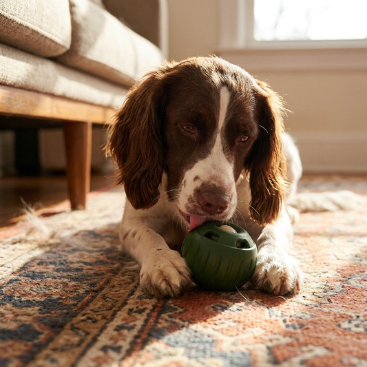 A springer spaniel lying on a rug licking a frozen treat from the green rubber ball