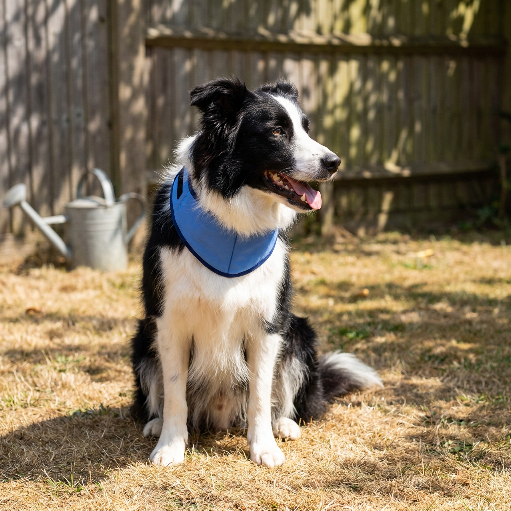 A border collie sitting on dry grass in a garden wearing the blue cooling bandana