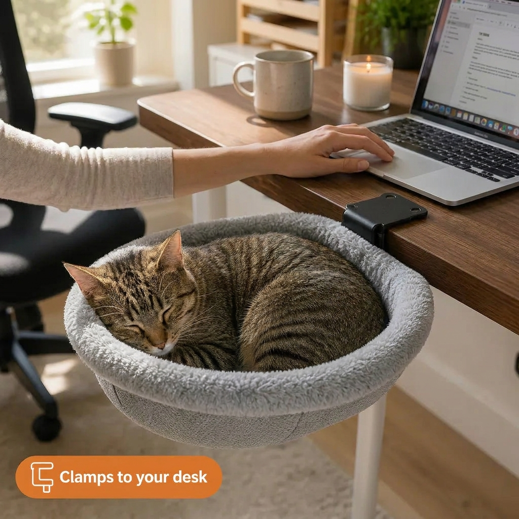 A tabby cat asleep in the grey hammock clamped to a desk edge while its owner works at a laptop above, keyboard clear
