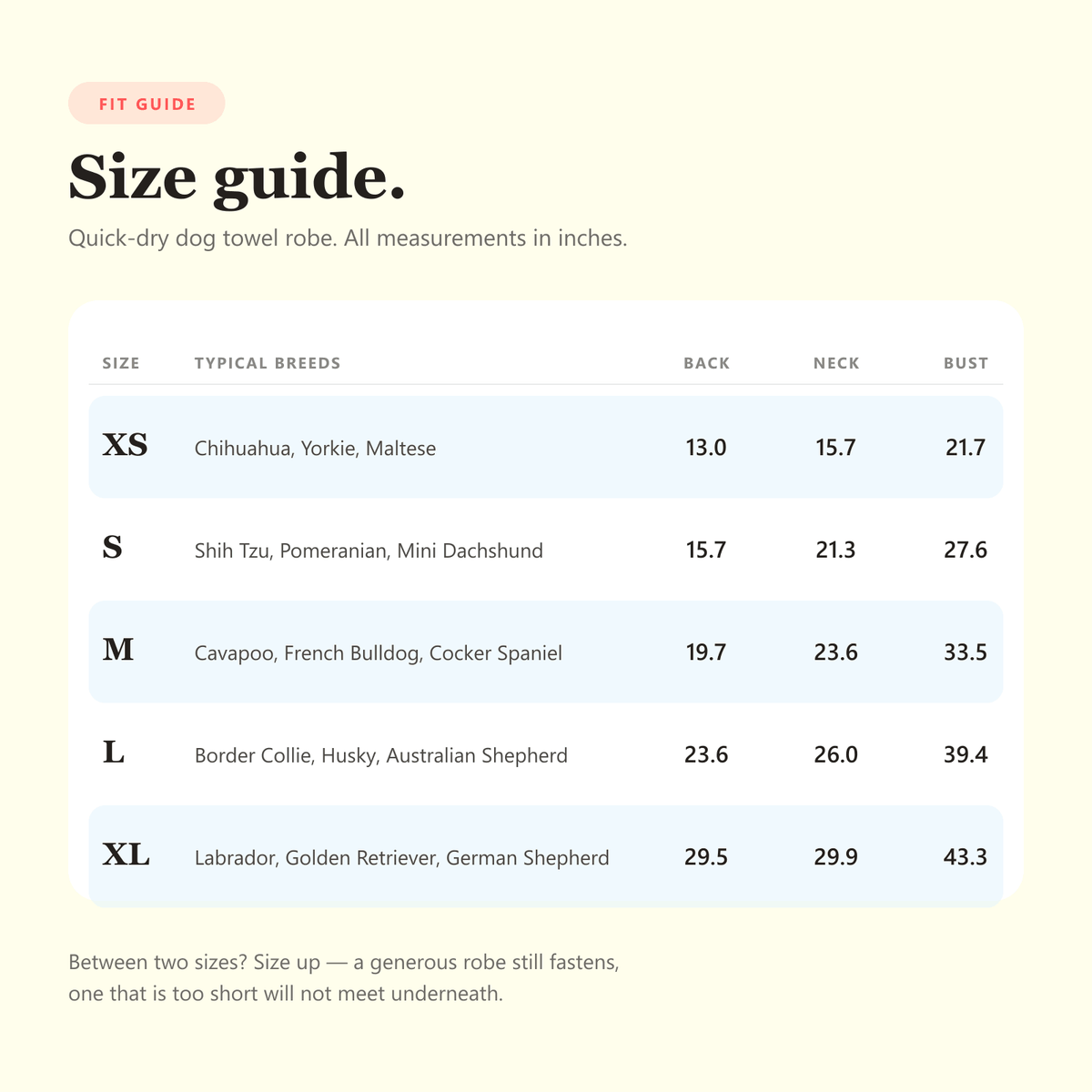Size guide for the dog towel robe with back length, neck and bust measurements in inches for sizes XS to XL