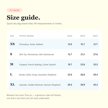 Size guide for the dog towel robe with back length, neck and bust measurements in inches for sizes XS to XL