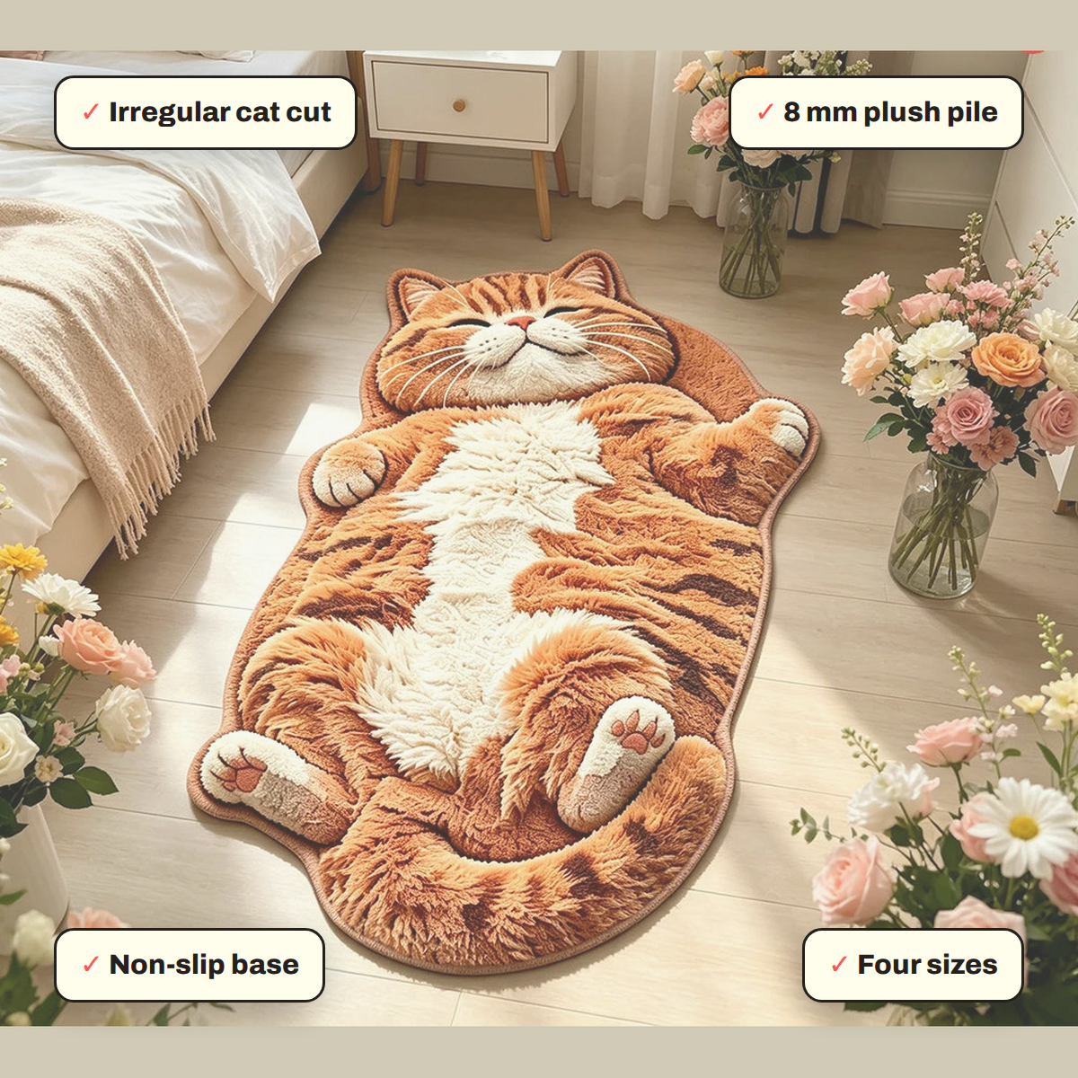 Cartoon Cat Plush Area Rug key features: 8 mm plush pile, Non-slip base, Irregular cat cut, Four sizes