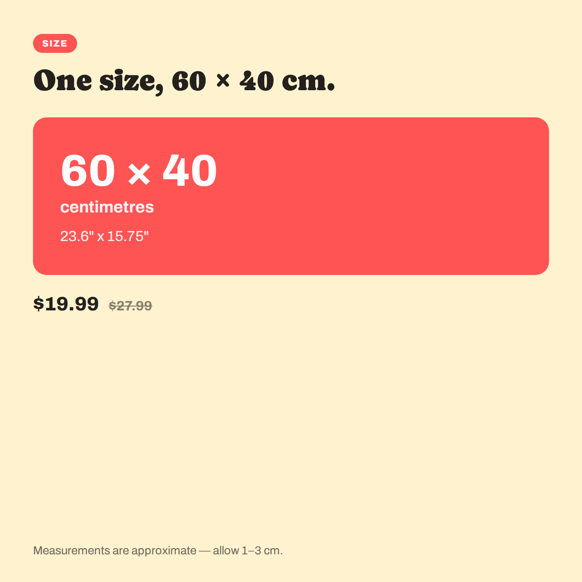 Size guide for the Cow Cat Absorbent Bath Mat, drawn to scale with prices
