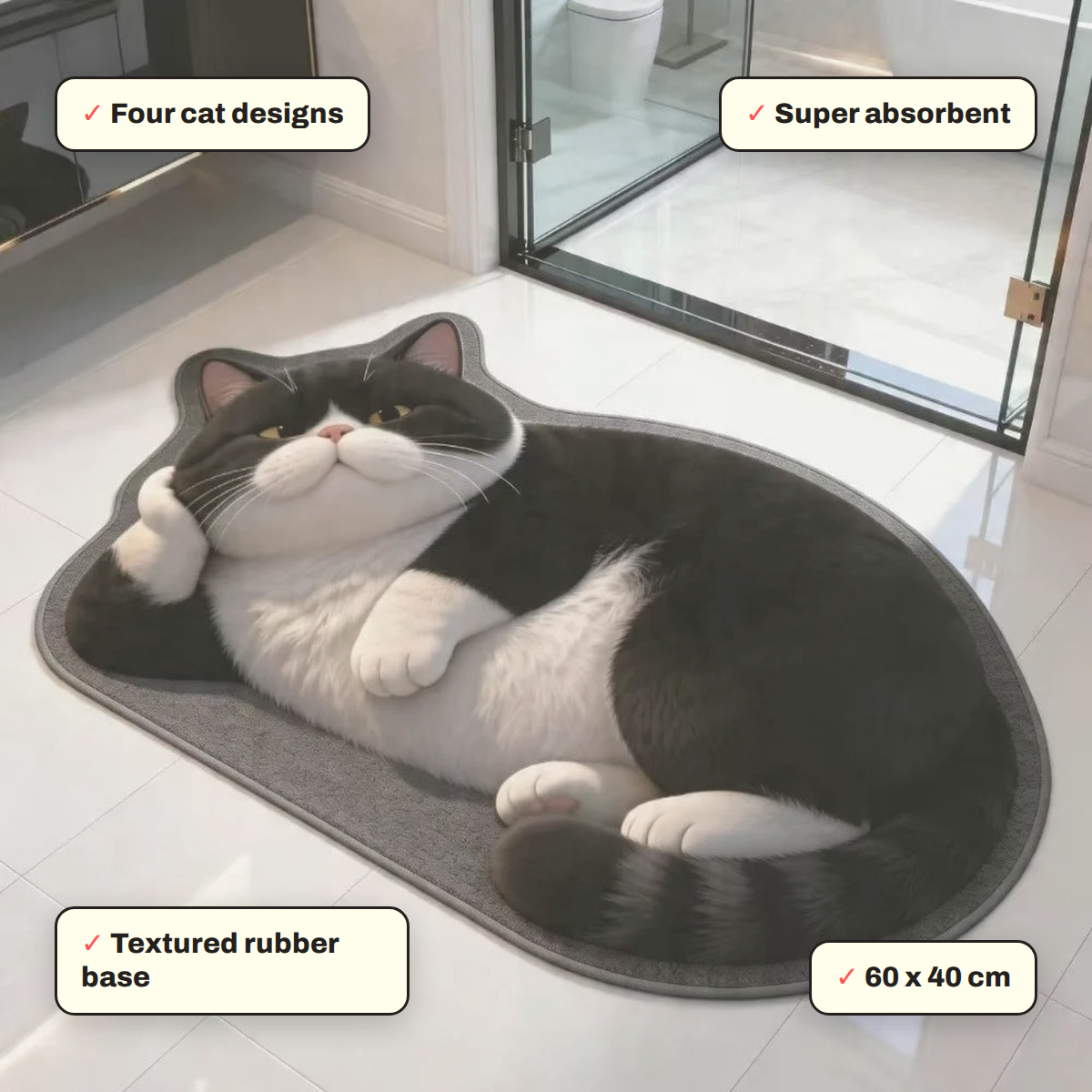 Sleeping Cat Absorbent Floor Mat key features: Super absorbent, Textured rubber base, Four cat designs, 60 x 40 cm