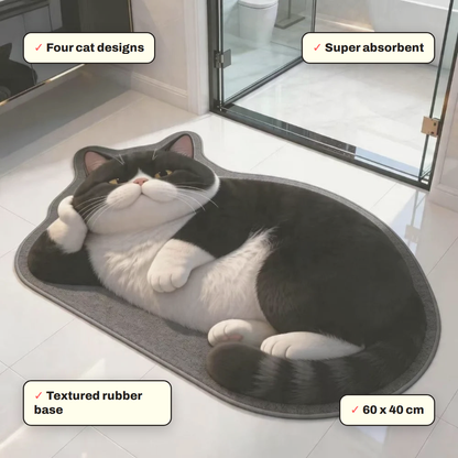 Sleeping Cat Absorbent Floor Mat key features: Super absorbent, Textured rubber base, Four cat designs, 60 x 40 cm