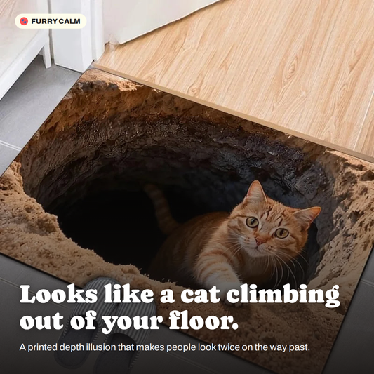 Peeking Cat 3D Illusion Mat shown in a doorway, cat appearing to climb out of a hole in the floor