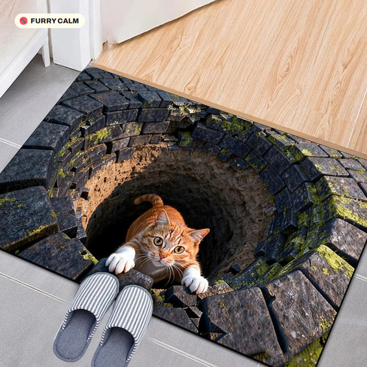 Cat in a stone well 3D illusion mat on a tiled floor