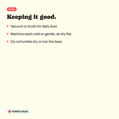 Care instructions: vacuum or brush, machine wash cold, air dry flat