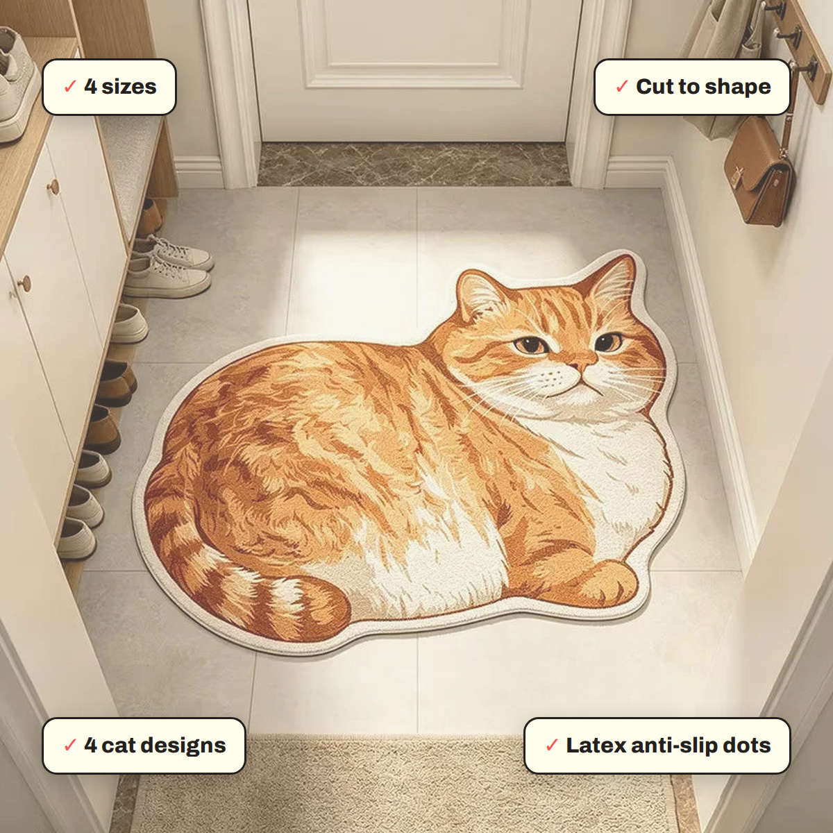 Lazy Cat Shaped Plush Rug key features: Cut to shape, 4 cat designs, 4 sizes, Latex anti-slip dots