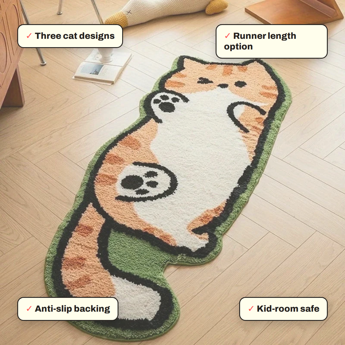 Long Cat Bedside Runner Rug key features: Runner length option, Anti-slip backing, Three cat designs, Kid-room safe