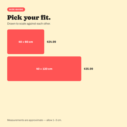 Size guide for the Long Cat Bedside Runner Rug, drawn to scale with prices