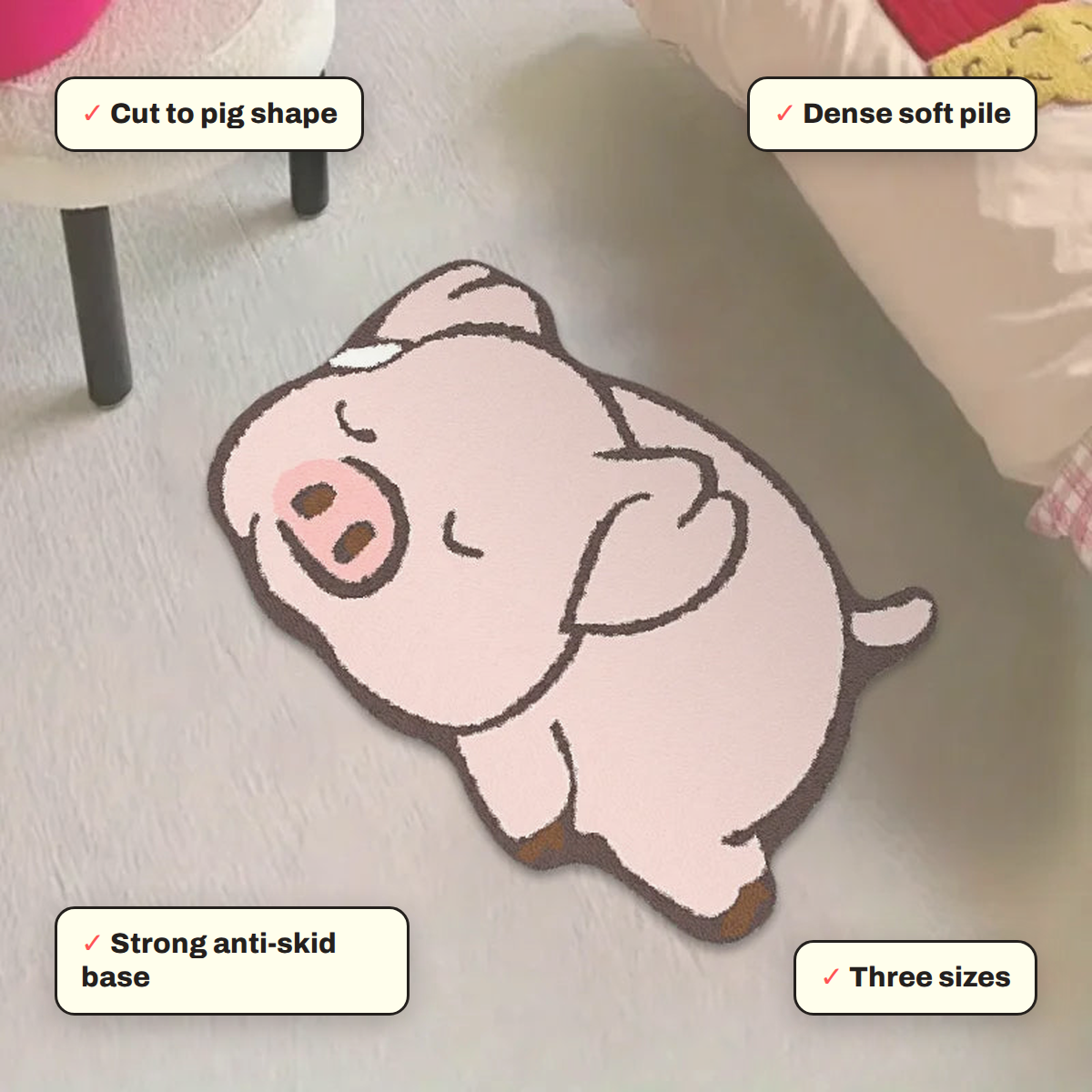 Pink Pig Plush Floor Mat key features: Dense soft pile, Strong anti-skid base, Cut to pig shape, Three sizes