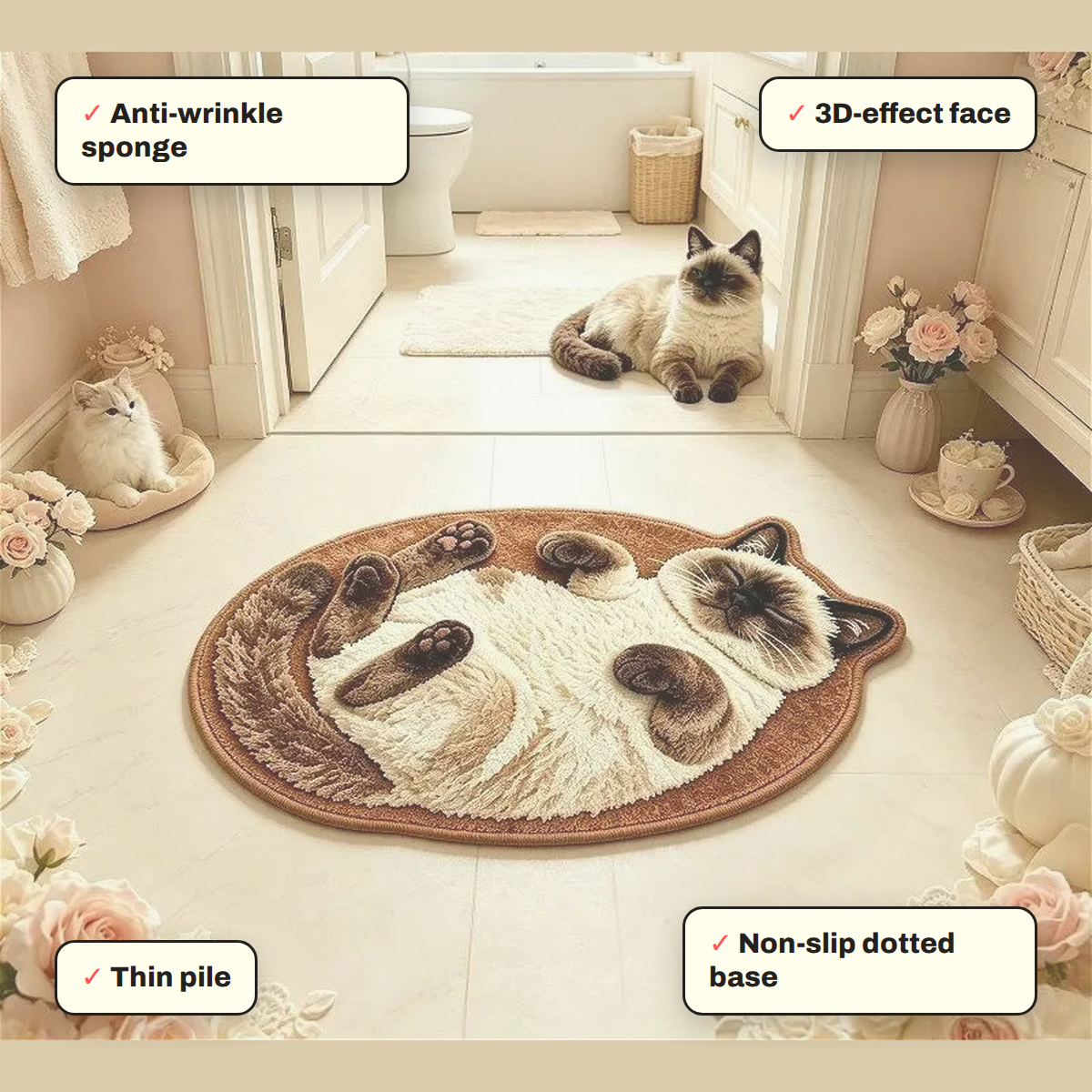 Siamese Cat Face Oval Rug key features: 3D-effect face, Thin pile, Anti-wrinkle sponge, Non-slip dotted base