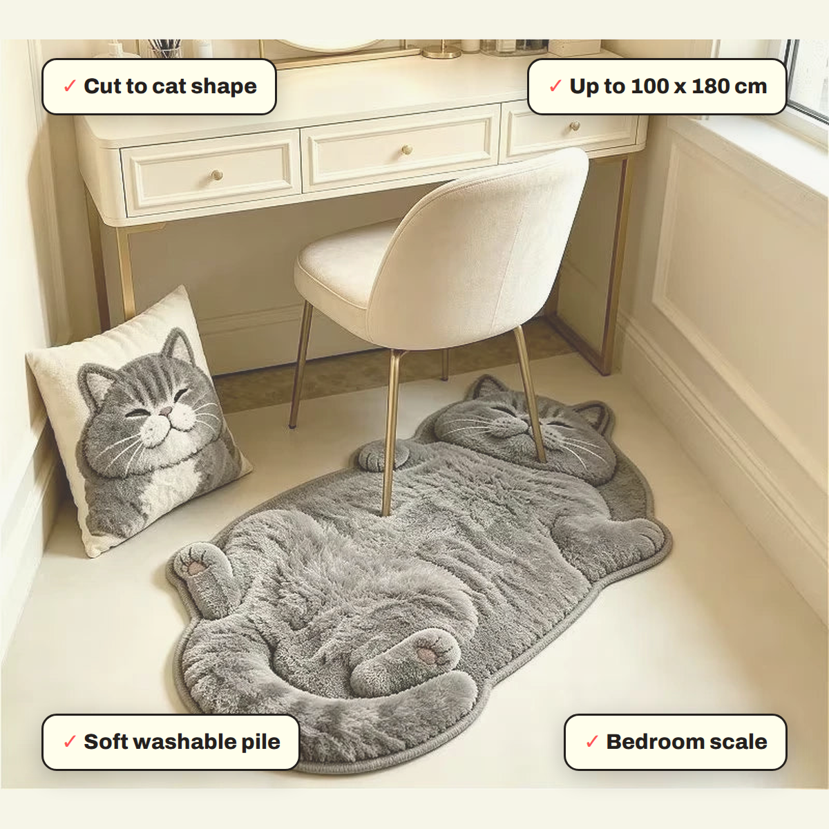 Sleepy Cat Oversized Floor Rug key features: Up to 100 x 180 cm, Soft washable pile, Cut to cat shape, Bedroom scale