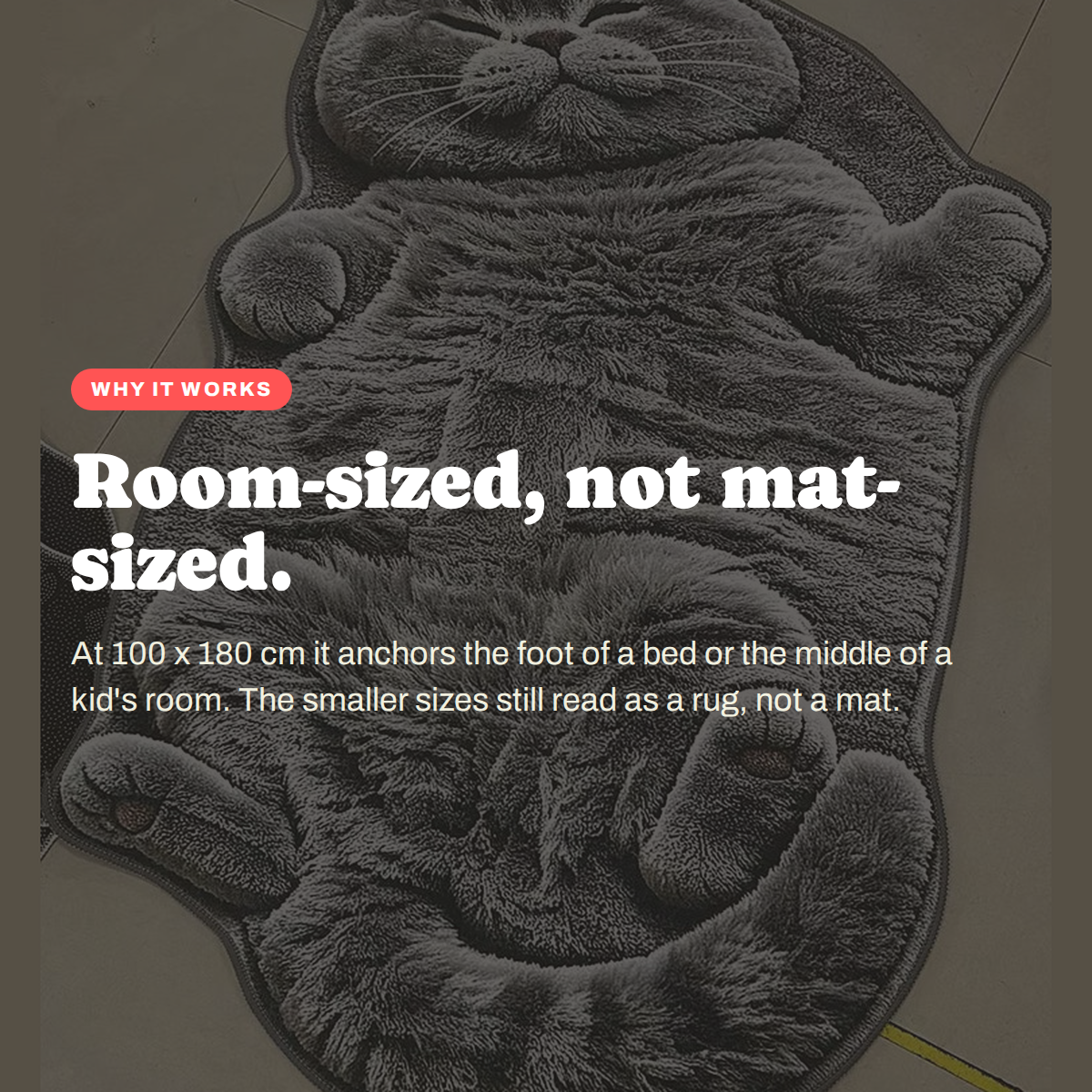 Why the Sleepy Cat Oversized Floor Rug works: Room-sized, not mat-sized