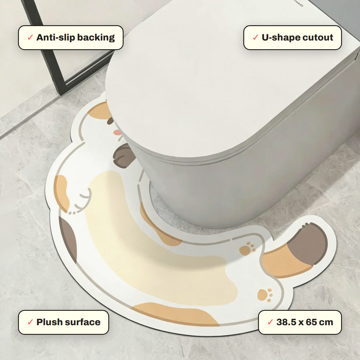 Kitty U-Shape Toilet Mat key features: U-shape cutout, Plush surface, Anti-slip backing, 38.5 x 65 cm