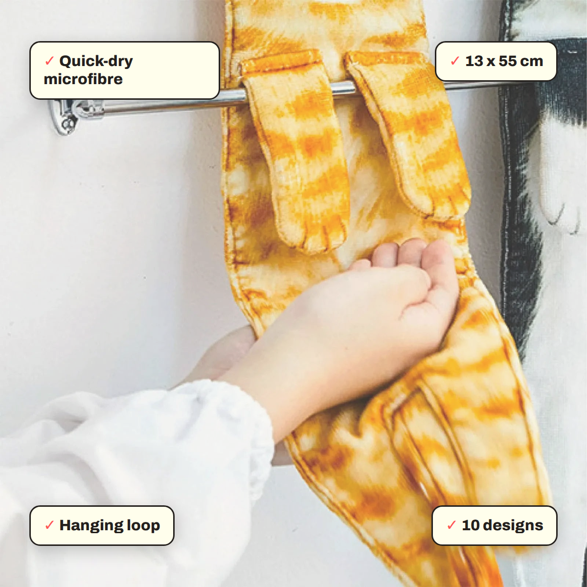 Hanging Cat Hand Towel key features: 13 x 55 cm, Hanging loop, Quick-dry microfibre, 10 designs