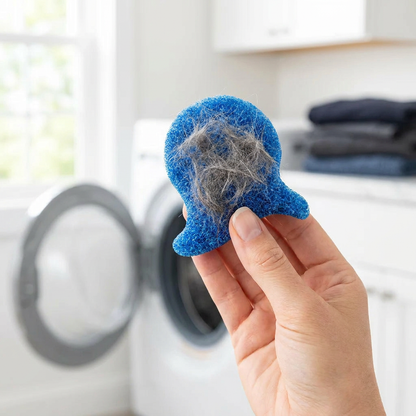 A hand holding one blue mesh laundry catcher covered in collected grey pet hair, in front of an open washing machine