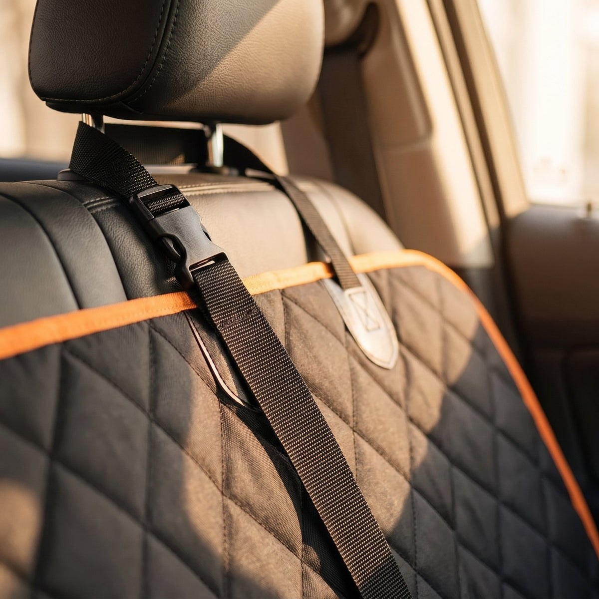 Close-up of the adjustable strap and clip fastened over a car headrest