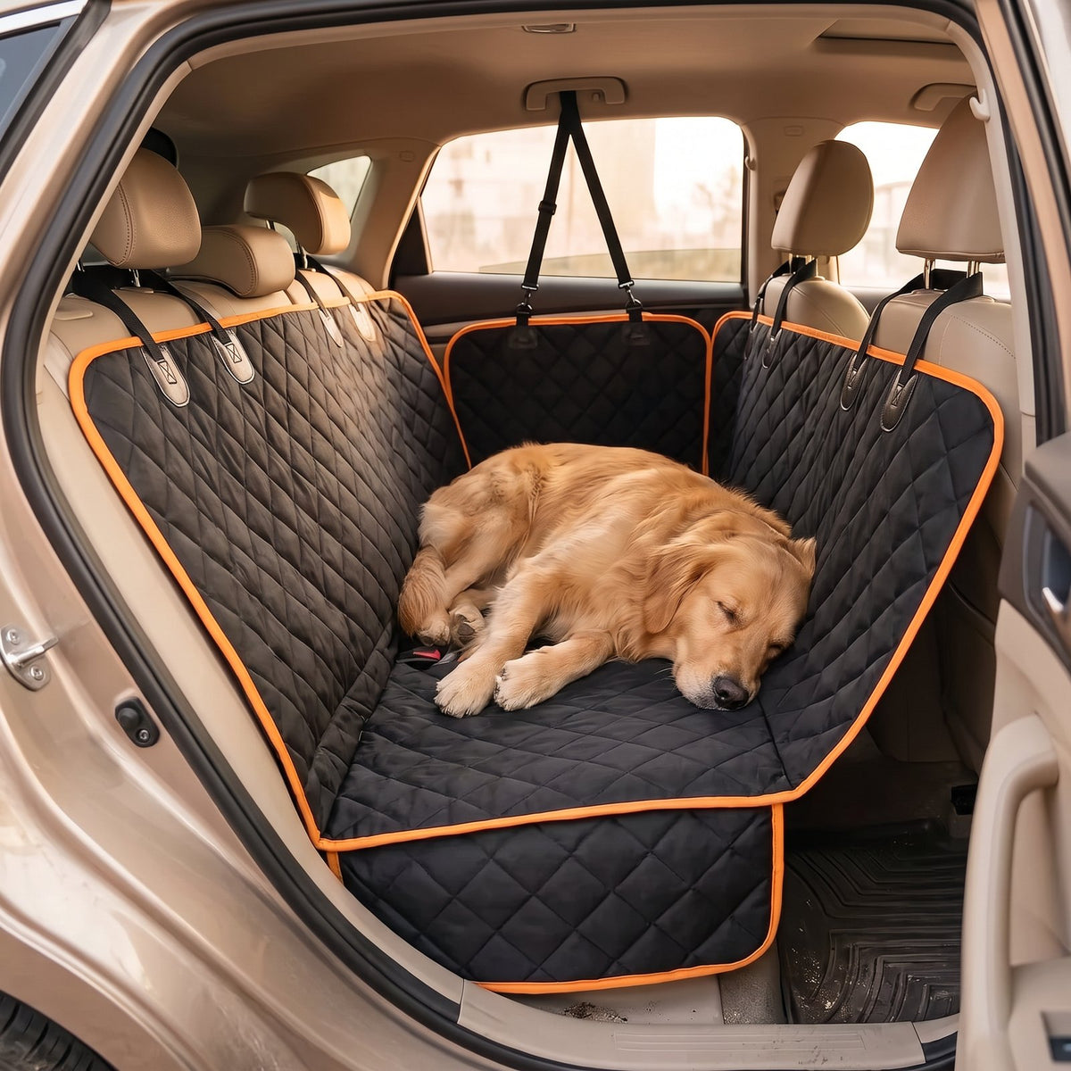The quilted cover fitted across a rear car bench seat with side flaps down and a dog asleep on it