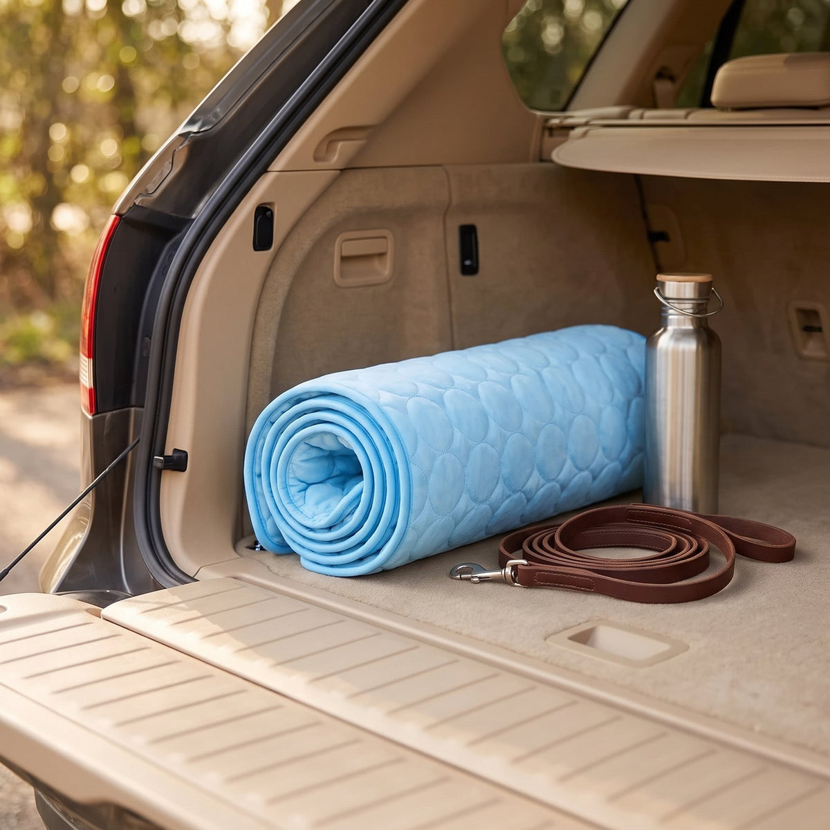The cooling mat rolled up in a car boot beside a lead and a water bottle