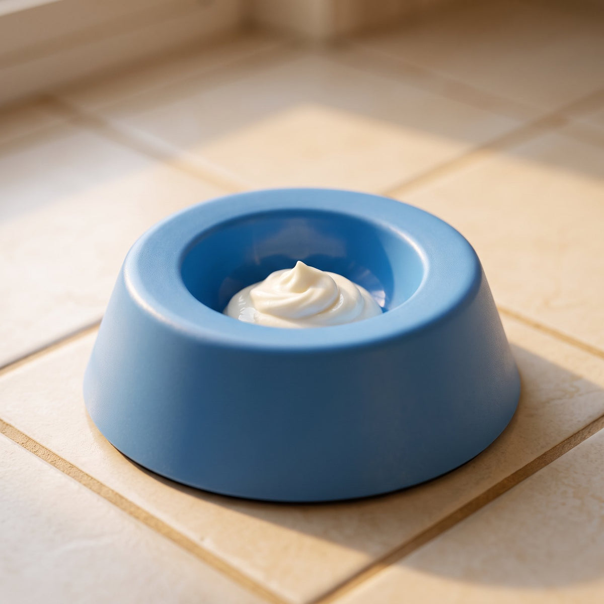 The blue slow feeder bowl on a tiled floor with a swirl of yogurt in its centre well