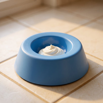 The blue slow feeder bowl on a tiled floor with a swirl of yogurt in its centre well