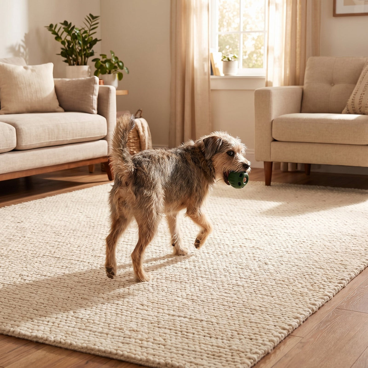 A dog carrying the green treat ball across a living room rug