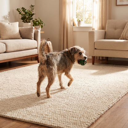 A dog carrying the green treat ball across a living room rug