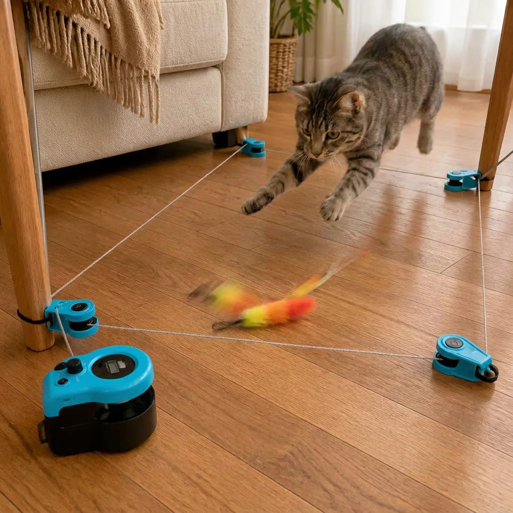 A tabby cat leaping mid-air after the feather lure as it runs along the line between the teal pulley clips, motor unit on the floor