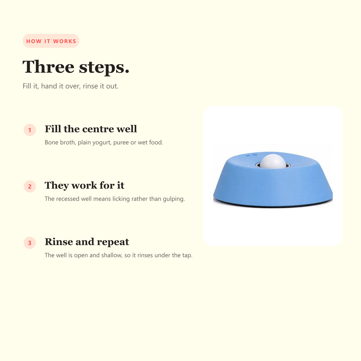 How the slow feeder bowl works in three steps: fill the centre well, they lick rather than gulp, rinse it out under the tap