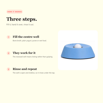How the slow feeder bowl works in three steps: fill the centre well, they lick rather than gulp, rinse it out under the tap