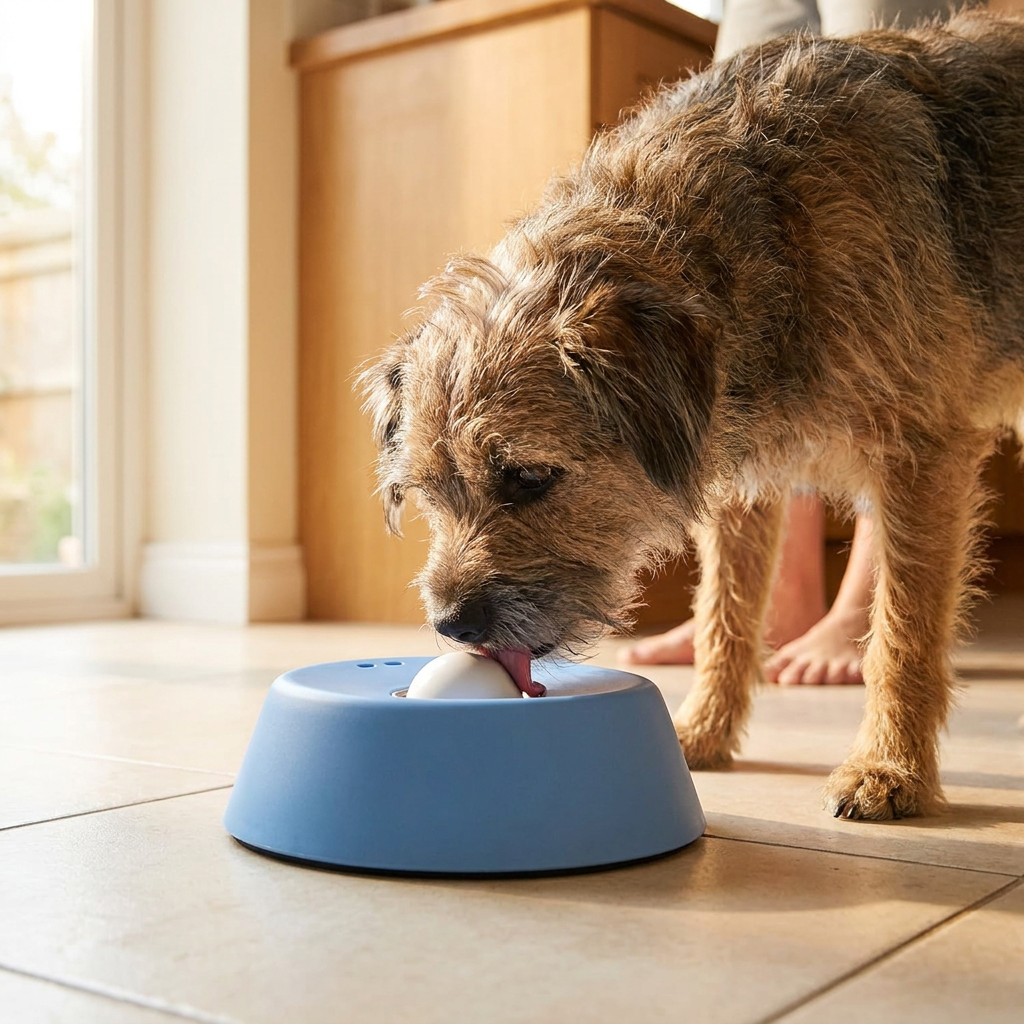 A terrier licking the centre ball of the blue slow feeder bowl on a kitchen floor