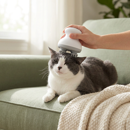 A hand holding the white silicone-pronged massager against the head of a relaxed grey and white cat on a sage green sofa