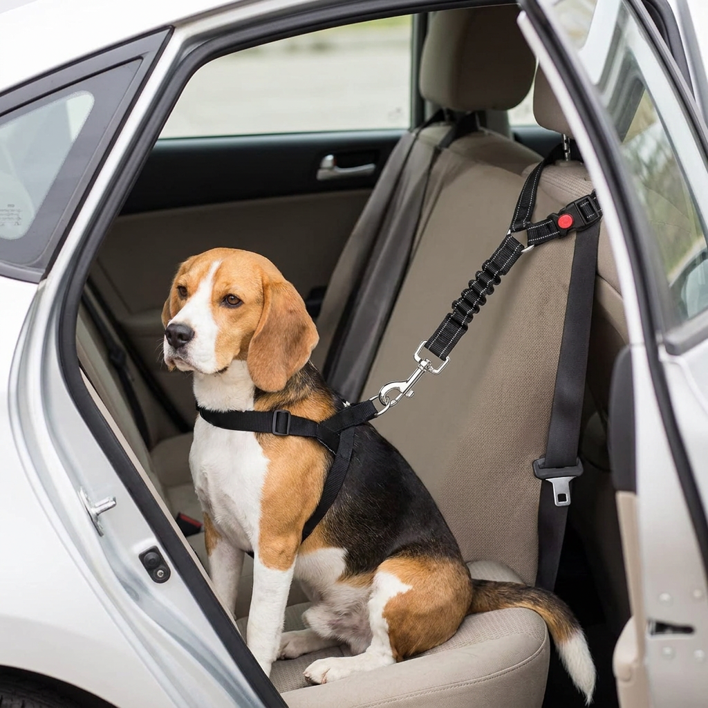 A beagle sitting on a car back seat, the black bungee tether clipped to its body harness and looped to the headrest