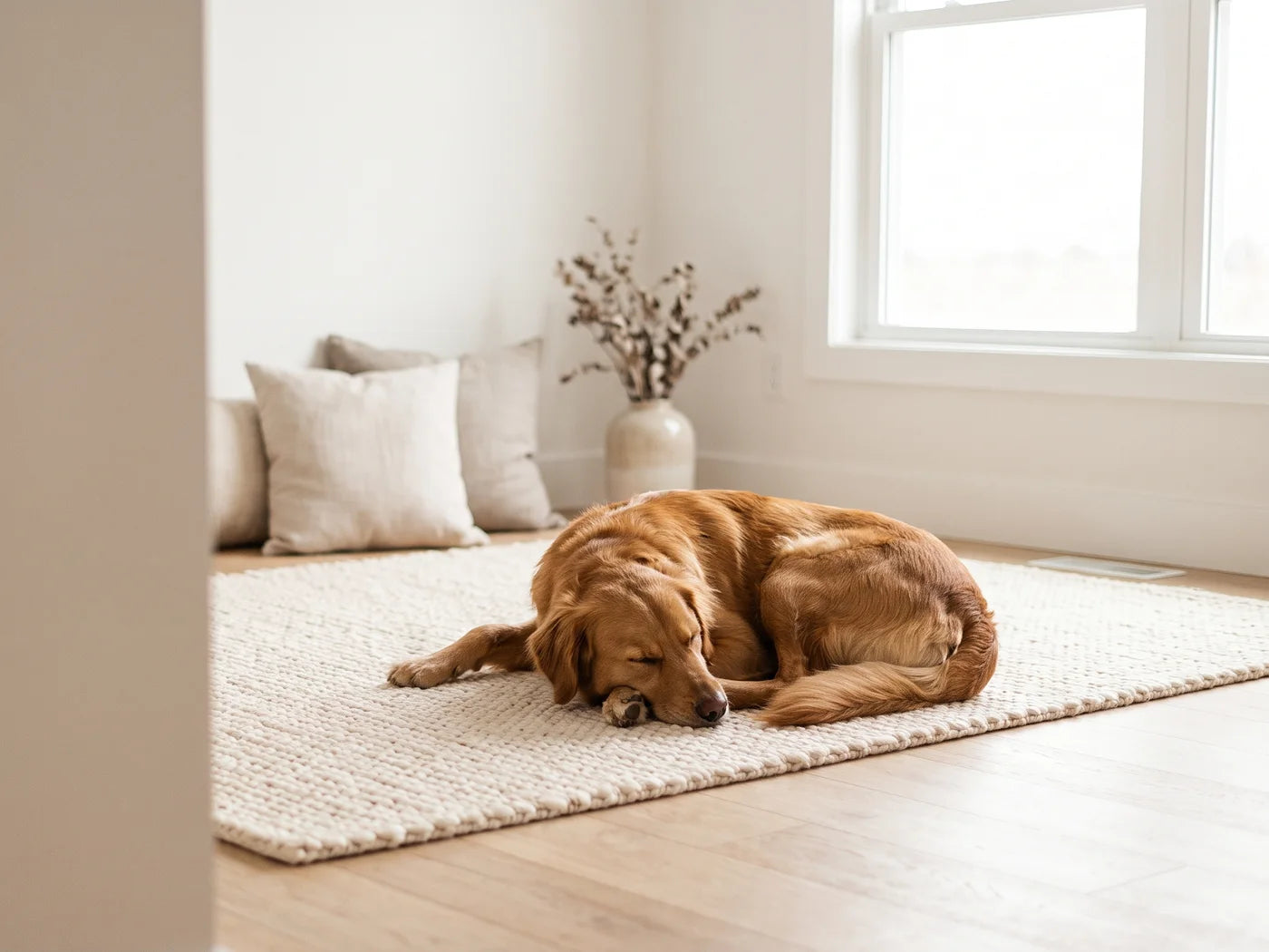 A dog curled up asleep on a soft cream rug in a bright, calm room
