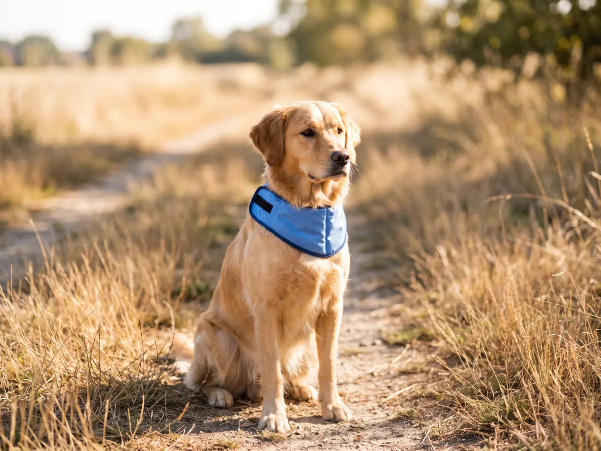A golden retriever wearing a blue cooling bandana sitting on a sunlit path on a summer walk