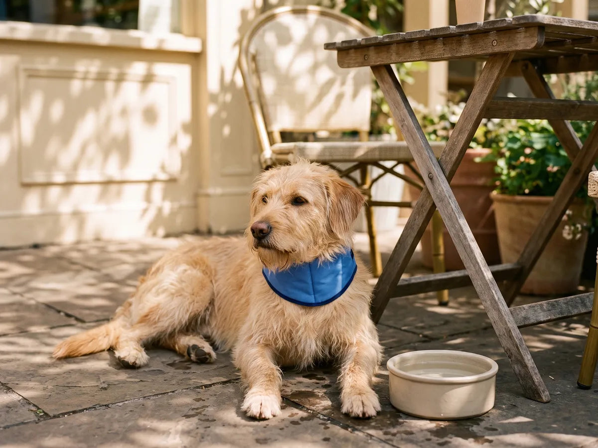 A dog wearing a blue cooling bandana lying in the shade on a patio beside a garden table and a water bowl