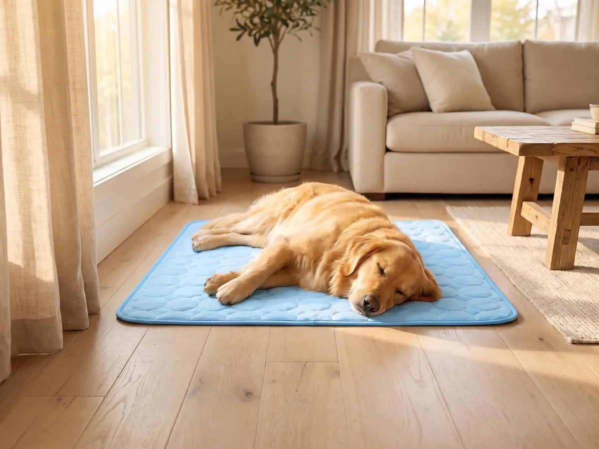 A golden retriever asleep and sprawled flat on a light blue quilted cooling mat on a wooden floor