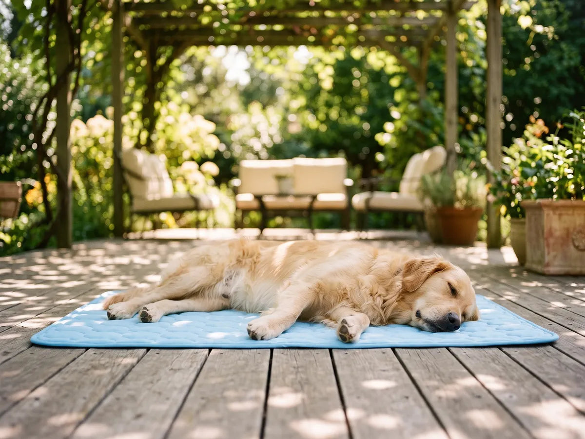 A light blue quilted cooling mat laid out in the shade on a wooden garden deck with a dog asleep on it