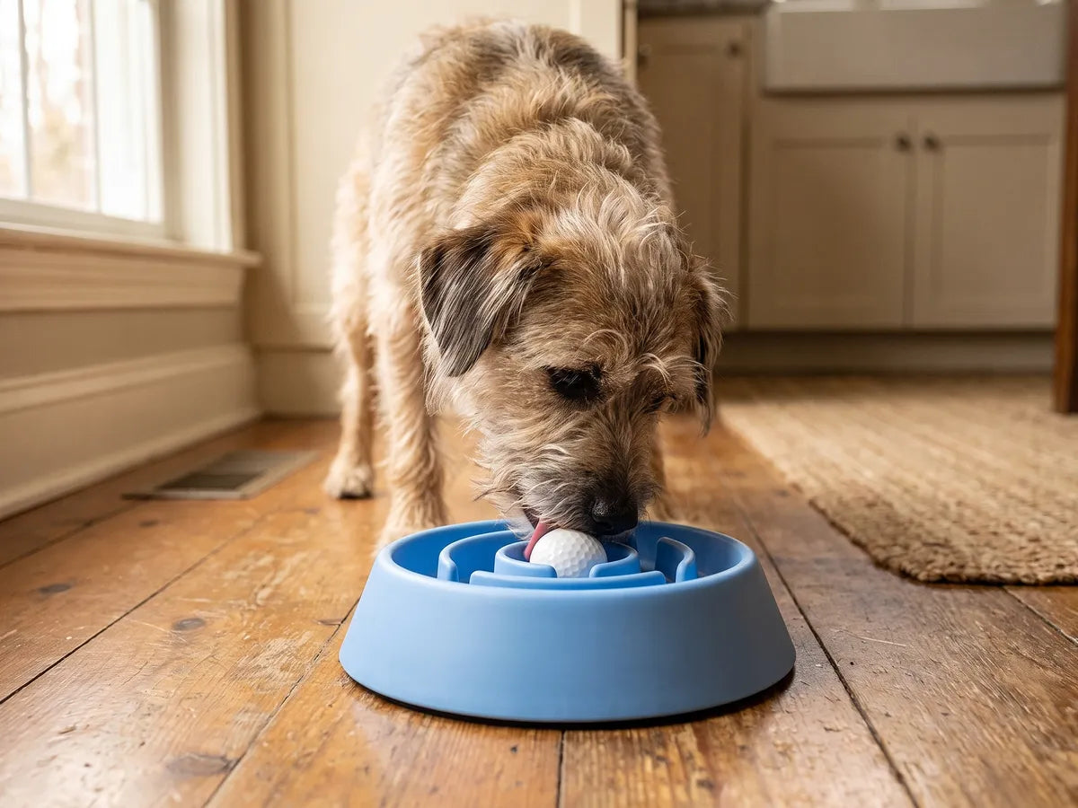 A dog nose-down licking a maze-patterned slow feeder bowl on a kitchen floor